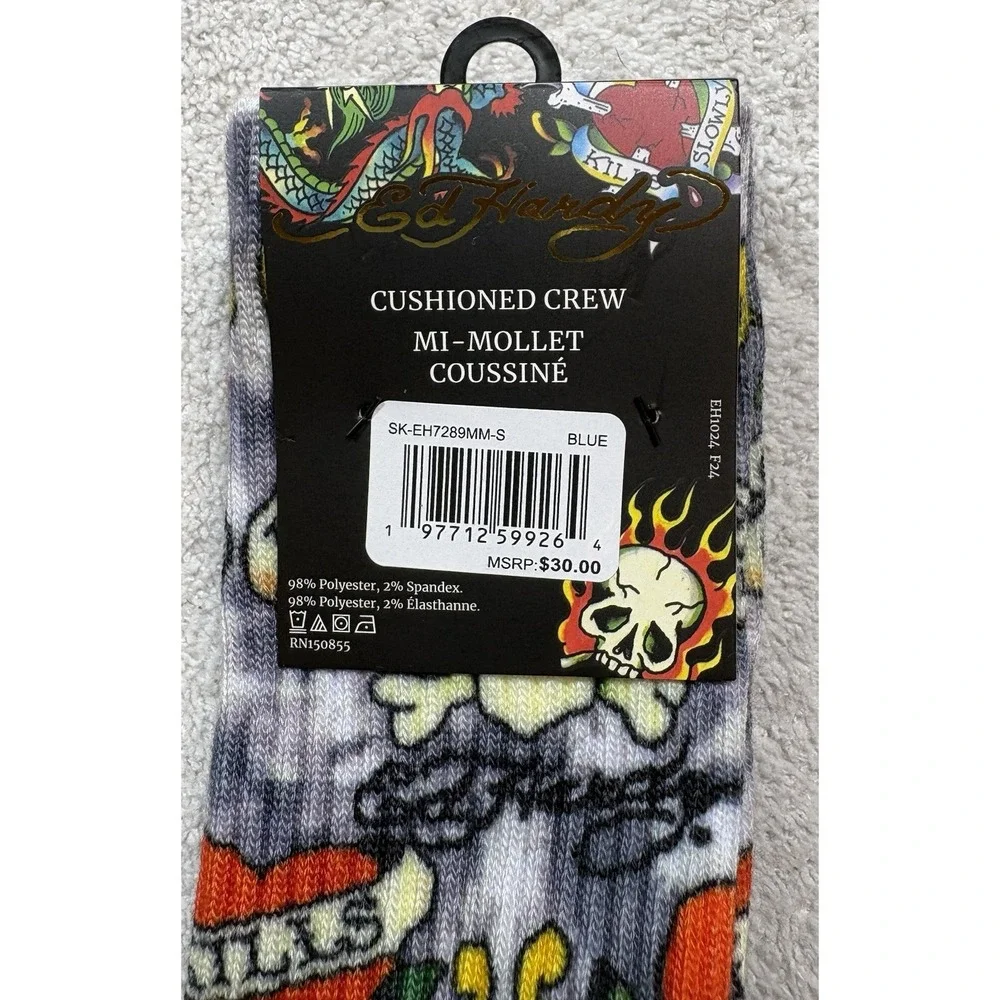 Ed Hardy Men's 3 Pairs Cushioned Crew Socks Size 6-12 Snake Skulls NWT -2050